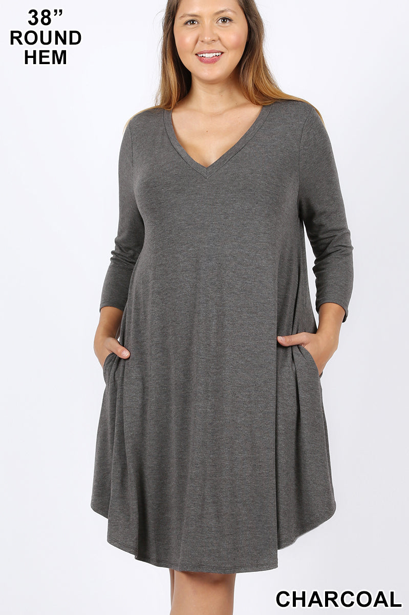 PLUS V-NECK LONG SLEEVE ROUND HEM A-LINE DRESS WITH – Endlesscolorandcompany